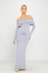 Grey Off Shoulder Fold Over Long Sleeve Maxi Dress