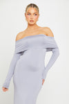 Grey Off Shoulder Fold Over Long Sleeve Maxi Dress