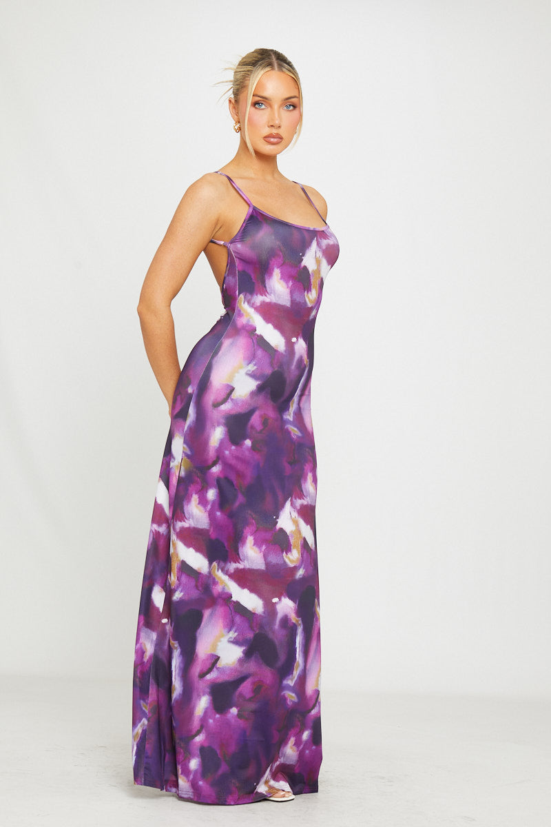 Purple Floral Print Strappy Backless Maxi Dress