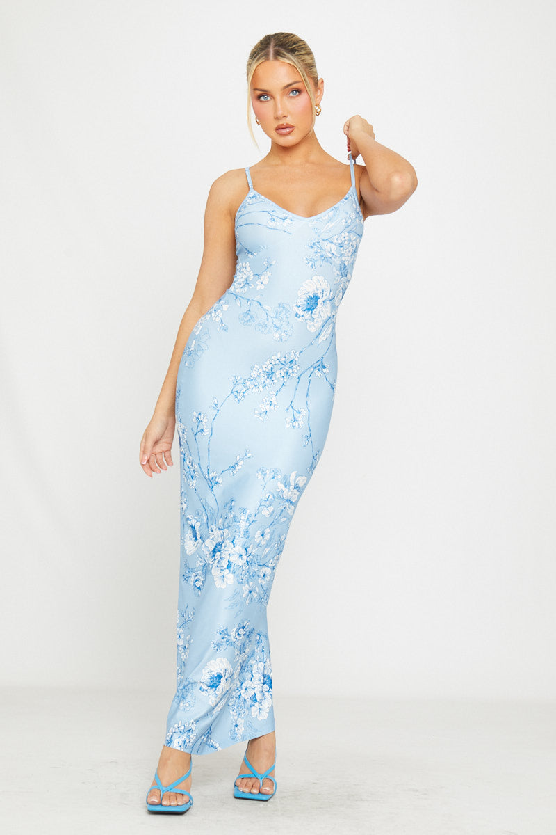 Blue Floral Print Strappy Plunge Maxi Dress