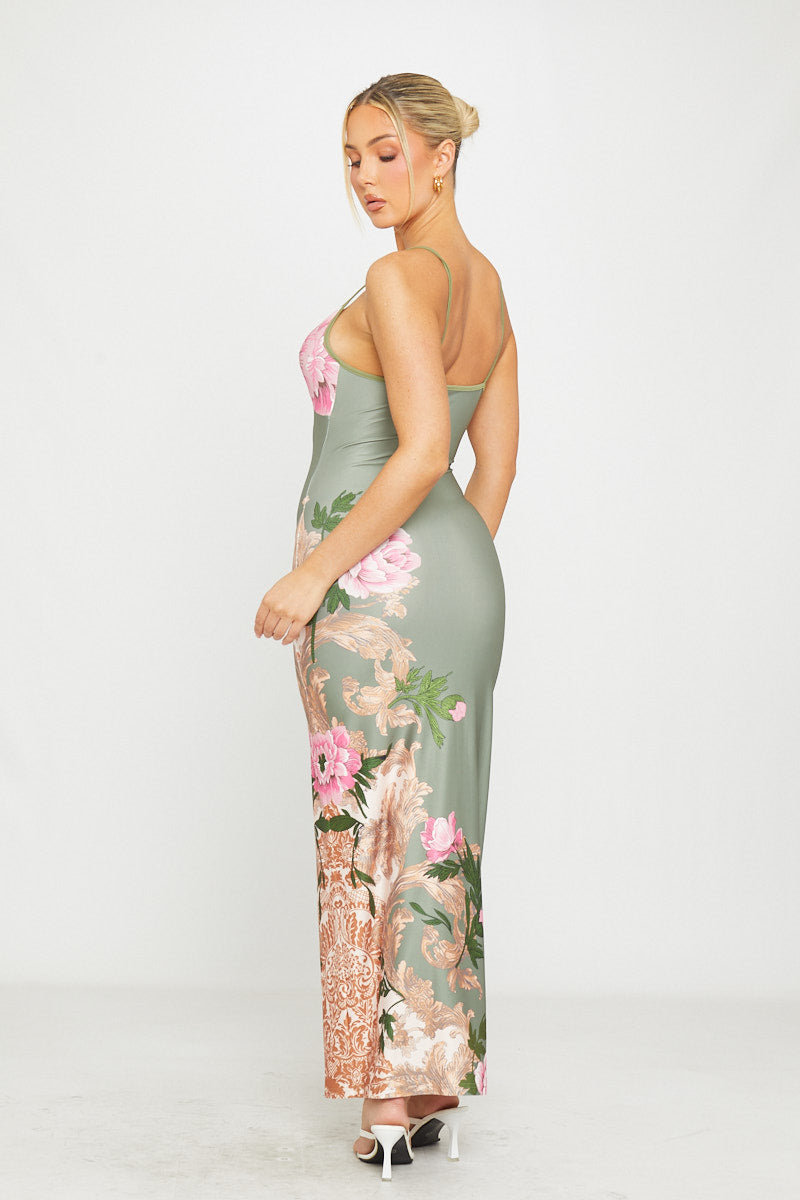 Green Floral Print Strappy Plunge Maxi Dress
