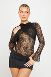 Black Lace Ruched Front Flare Sleeve Bodysuit