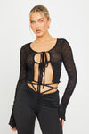 Black Sheer Ruffle Detail Tie Front Long Sleeve Top