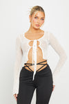 White Sheer Ruffle Detail Tie Front Long Sleeve Top