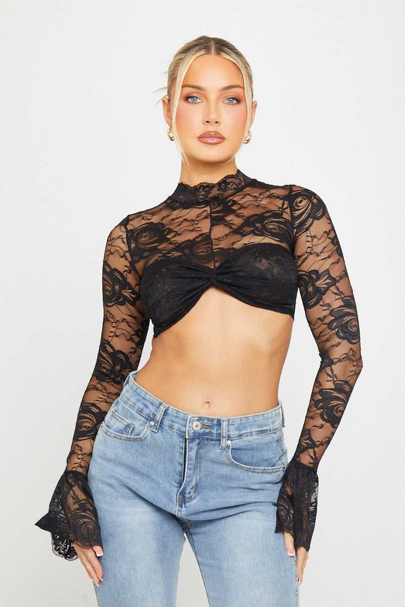 Black Floral Lace High Neck Twist Front Crop Top