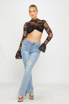 Black Floral Lace High Neck Twist Front Crop Top