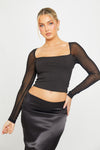 Black Ribbed Mesh Sleeve Square Neck Crop Top