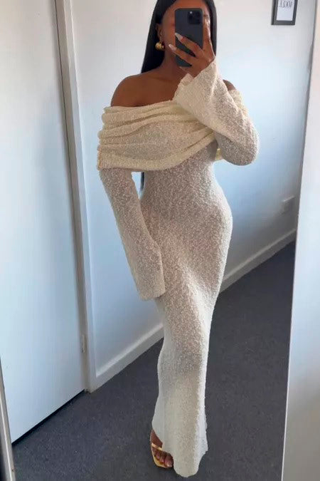 Ivory Knit Off Shoulder Boucle Maxi Dress