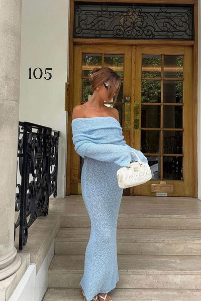 Light Blue Knit Off Shoulder Boucle Maxi Dress | Nothingbutstyle Light Blue Knit Off Shoulder Boucle Maxi Dress | Nothingbutstyle