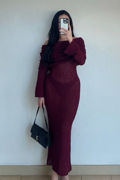 Plum Knit Off Shoulder Boucle Maxi Dress | Nothingbutstyle Plum Knit Off Shoulder Boucle Maxi Dress | Nothingbutstyle