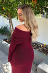 Plum Knit Off Shoulder Boucle Maxi Dress