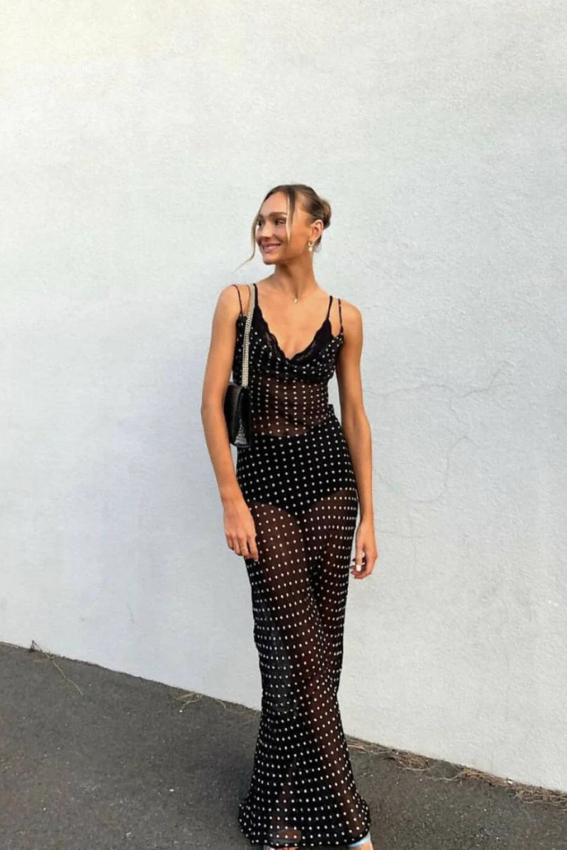 Black Semi Sheer Polka Dot Cowl Neck Maxi Dress