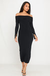 Black Knitted Off Shoulder Long Sleeve Maxi Dress