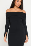 Black Knitted Off Shoulder Long Sleeve Maxi Dress