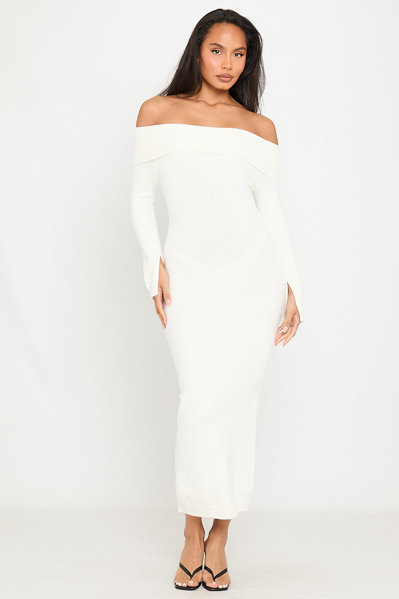 Cream Knitted Off Shoulder Long Sleeve Maxi Dress