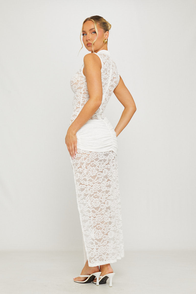 White Lace Keyhole Thigh Split Maxi Dress
