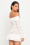 White Lace Bardot Cut Out Frill Mini Dress