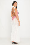 White & Red Sheer Shaggy Open Back Maxi Dress