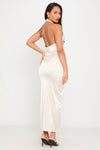 Champagne Satin High Neck Open Back Maxi Dress