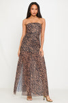 Brown Tiger Print Sheer Strapless Maxi Dress