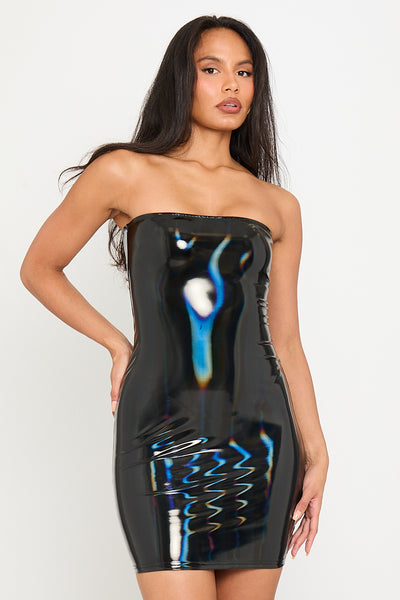 latex mini dress black Black Iridescent Vinyl Bandeau Mini Dress