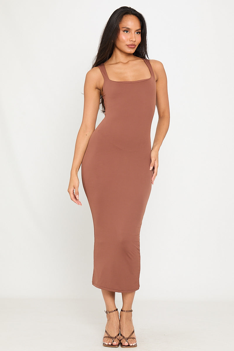 Coffee Square Neck Double Layered Midi Dress