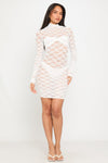 White Sheer Lace High Neck Ruched Mini Dress