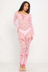 Pink Sheer Lace Bow Detail Long Sleeve Jumpsuit