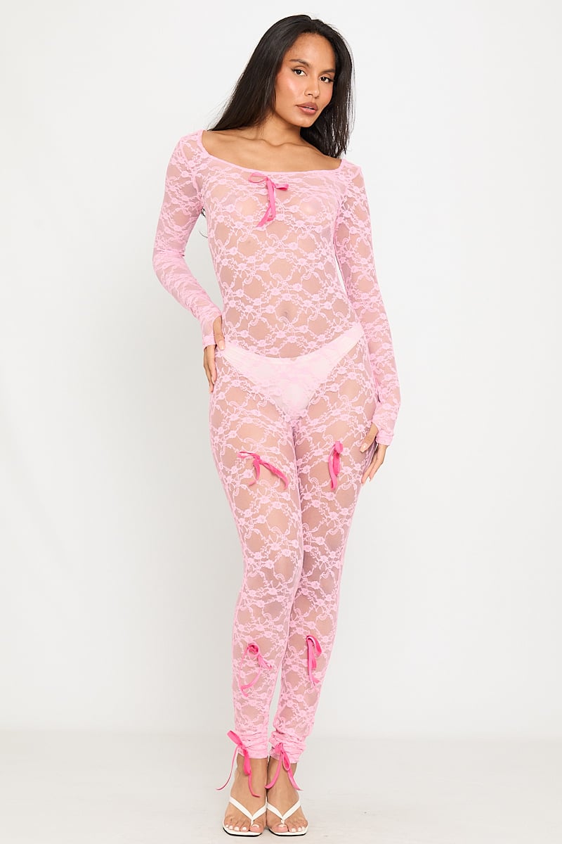 Pink Sheer Lace Bow Detail Long Sleeve Jumpsuit
