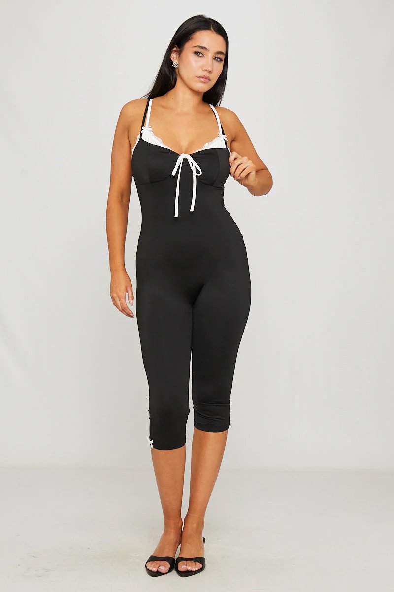 Black Ribbed Tie Front Detail Capri Jumpsuit