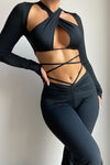 Black Slinky Cut Out Detail Tie Back Halter Crop Top