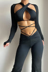 Black Slinky Cut Out Detail Tie Back Halter Crop Top